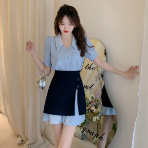 RM11047#夏季新款韩版衬衫裙子+不规则半身裙两件套女连衣裙