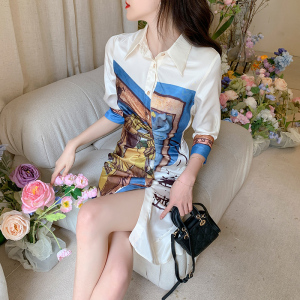RM11048#夏季新款法式优雅印花缎面衬衫裙七分袖女连衣裙