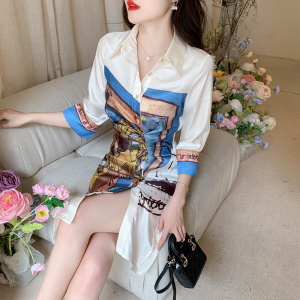 RM11048#夏季新款法式优雅印花缎面衬衫裙七分袖女连衣裙