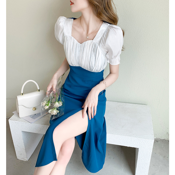 RM11051#夏装新款法式复古方领裙子雪纺拼接短袖连衣裙
