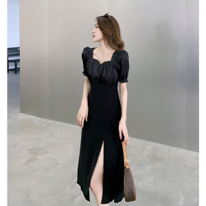 RM11051#夏装新款法式复古方领裙子雪纺拼接短袖连衣裙