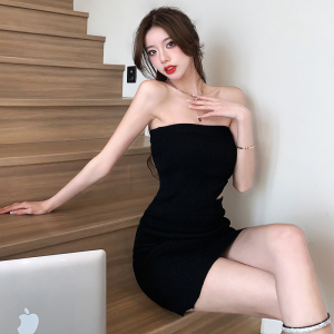 Korean Retro Style Spicy Girl Knitted Short Wrap Chest Top High Waist Half Dress Two Piece Set Dress