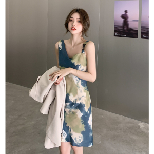 RM11052#夏装新款女装法式复古印花短袖吊带缎面连衣裙女