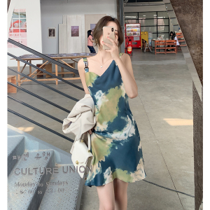 RM11052#夏装新款女装法式复古印花短袖吊带缎面连衣裙女