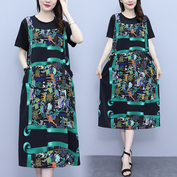 RM7879#大码连衣裙2023夏季新款减龄女装时尚洋气宽松遮肚拼接裙子