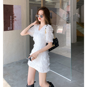 RM14650#夏季新款女装纯色V领法式桔梗短袖连衣裙女