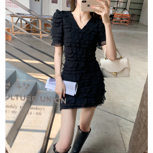 RM14650#夏季新款女装纯色V领法式桔梗短袖连衣裙女
