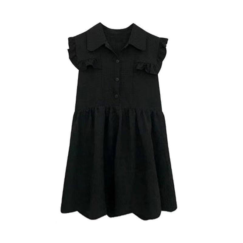 赫本风黑色连衣裙2024夏季新款法式设计感小众木耳边小个子娃娃裙