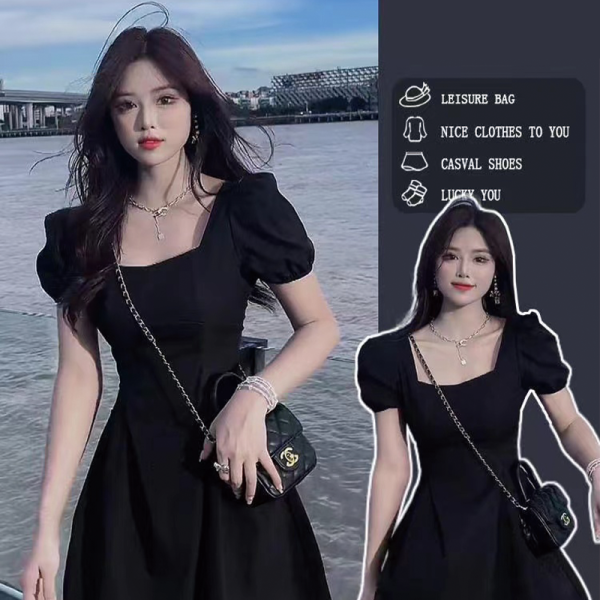 RM9898#赫本风小黑裙女夏季新款法式复古方领中长款黑色泡泡袖连衣裙