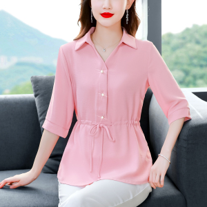 RM5935#夏季新款2023年系带衬衫中袖中长款收腰大码女装百搭舒适