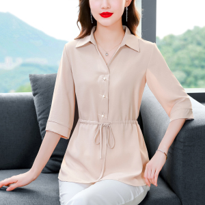 RM5935#夏季新款2023年系带衬衫中袖中长款收腰大码女装百搭舒适