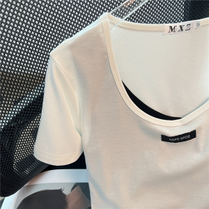 RM3843#夏季新款港风简约短款假两件纯棉短袖T恤女上衣小心机