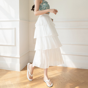 RM18026#超仙感流光纱裙层层荷叶边蛋糕裙女珠光中长款半身裙