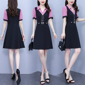 RM4418#大码女装2023夏季新款韩版时尚气质减龄遮肚显瘦撞色连衣裙