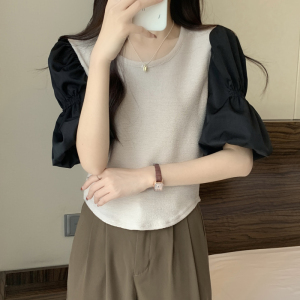 RM6045#韩版时髦洋气拼接泡泡袖设计感圆领不规则短款别致T恤上衣