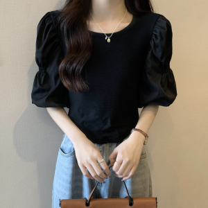 RM6045#韩版时髦洋气拼接泡泡袖设计感圆领不规则短款别致T恤上衣