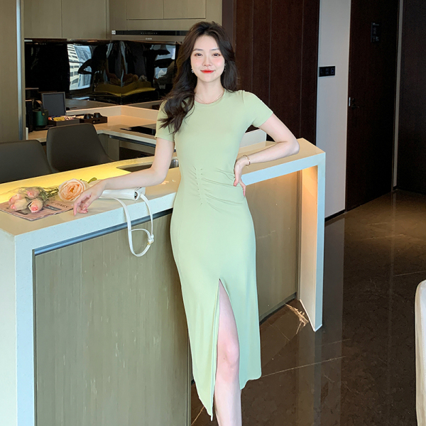 RM5253#夏季气质收腰抽褶绿色清新连衣裙长开叉显瘦针织裙