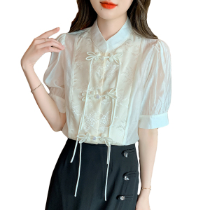 RM4722#夏季新款女轻奢高定气质名媛复古风盘扣天丝法式衬衫