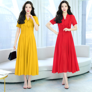 RM5831#新款红色雪纺连衣裙女夏长款收腰显瘦气质沙滩长裙到脚踝裙子
