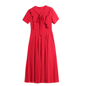 RM5831#新款红色雪纺连衣裙女夏长款收腰显瘦气质沙滩长裙到脚踝裙子