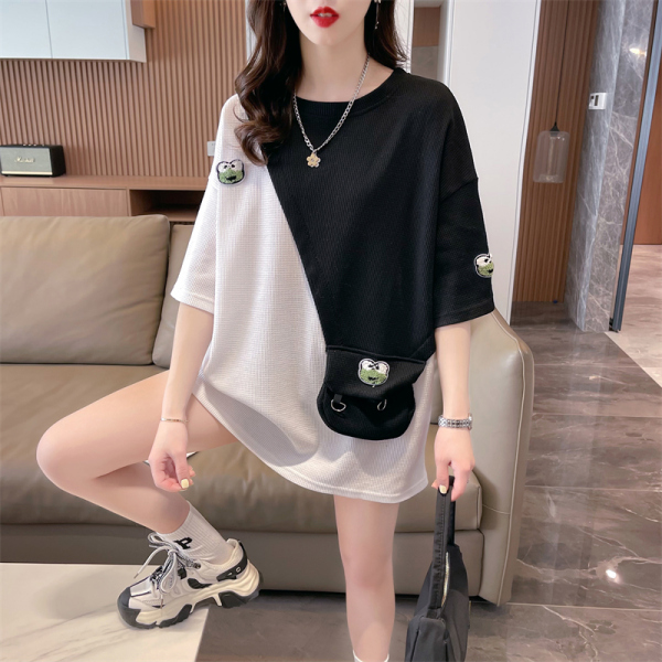 RM3775#夏季新款韩版宽松后包领华夫格口袋卡通刺绣大码短袖T恤女