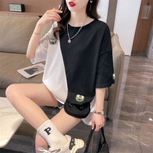 RM3775#夏季新款韩版宽松后包领华夫格口袋卡通刺绣大码短袖T恤女
