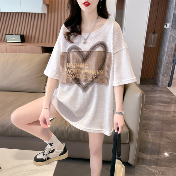 RM3776#夏季新款韩版宽松后包领华夫格圆领爱心印花大码短袖T恤女