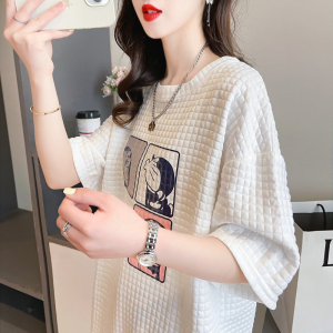 RM3778#夏季韩版宽松提花圆领卡通印花大码短袖T恤女
