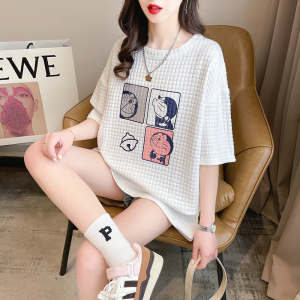 RM3778#夏季韩版宽松提花圆领卡通印花大码短袖T恤女