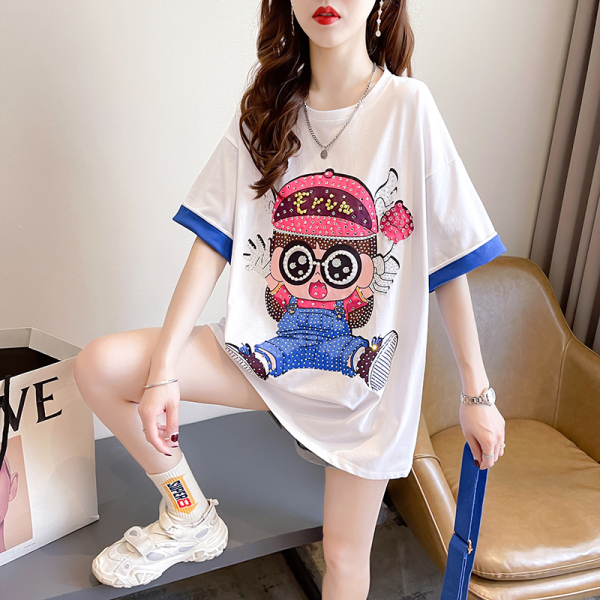 RM3780#夏装韩版圆领卡通烫钻宽松大码女装短袖T恤女