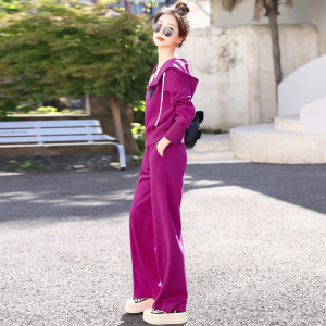 RM4381#玫红色运动休闲套装女春秋2023年款时尚洋气减龄阔腿裤卫衣两件套