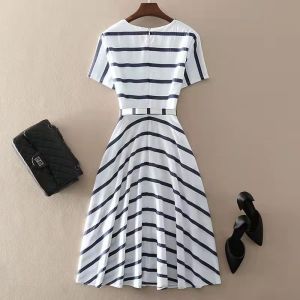 RM5240#法式黑白撞色条纹连衣裙2023新款夏季女装设计感小众中长裙子