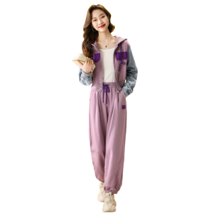 RM4383#粉紫色休闲卫衣运动套装女春季2023新款小个子显高韩系盐系两件套