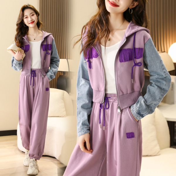 RM4383#粉紫色休闲卫衣运动套装女春季2023新款小个子显高韩系盐系两...