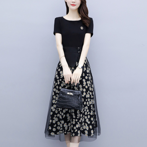 RM8384#圆领针织衫网纱印花系带网红款短袖连衣裙女神减龄假两件遮肉