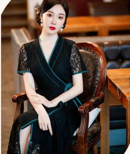 TR26952# V领旗袍新款夏季蕾丝年轻改良版设计感黑色中国风长款气质 服装批发女装批发货源