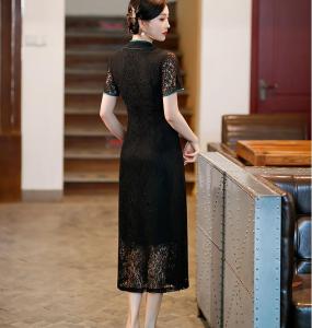 TR26952# V领旗袍新款夏季蕾丝年轻改良版设计感黑色中国风长款气质 服装批发女装批发货源