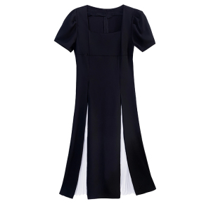 RM4222#大码女装黑白拼接时尚显瘦过膝高级连衣裙中长裙