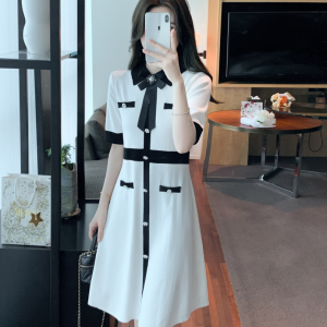 RM5231#夏季新款蝴蝶结收腰短袖连衣裙中长款小香风气质针织裙