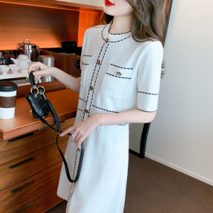 RM5232#夏季新款圆领小香风连衣裙短袖收腰针织裙中长款气质女
