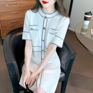 RM5232#夏季新款圆领小香风连衣裙短袖收腰针织裙中长款气质女