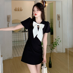 RM11046#夏季新款法式桔梗小黑裙蝴蝶结泡泡袖连衣裙女