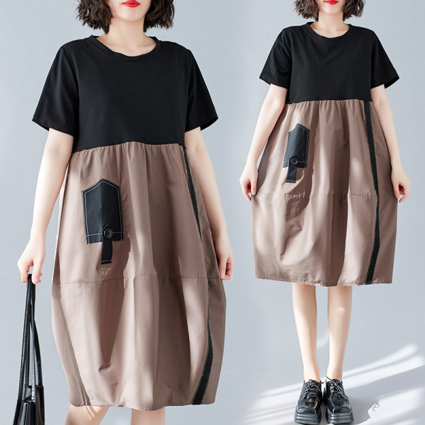 RM4200#夏季新款时尚圆领短袖中长款裙拼接显瘦宽松大摆型a字裙