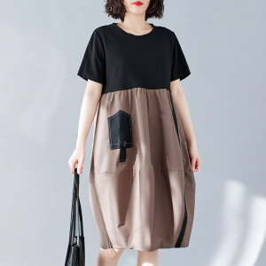RM4200#夏季新款时尚圆领短袖中长款裙拼接显瘦宽松大摆型a字裙