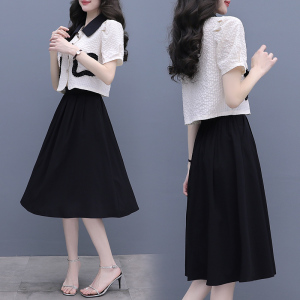 RM4459#时尚套装2023夏新款法式甜美泡泡袖上衣黑色半身裙修身显瘦两件套