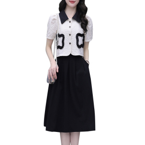 RM4459#时尚套装2023夏新款法式甜美泡泡袖上衣黑色半身裙修身显瘦两件套
