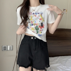 RM4113#纯棉短袖T恤女bm潮牌设计感韩版打底衫露脐短款t上衣
