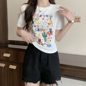 RM4113#纯棉短袖T恤女bm潮牌设计感韩版打底衫露脐短款t上衣