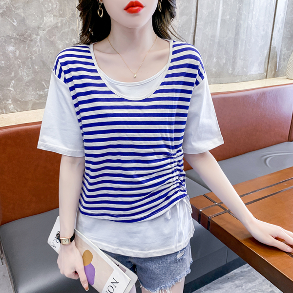 RM5185#韩版撞色条纹假两件休闲简约T恤衫收腰绑带修身显瘦套头上衣女
