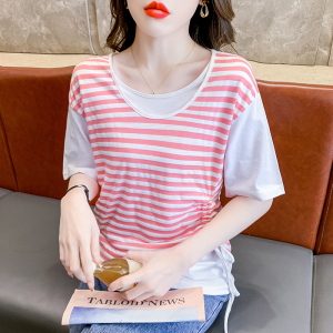 RM5185#韩版撞色条纹假两件休闲简约T恤衫收腰绑带修身显瘦套头上衣女